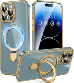 CAPRARO for Iphone 15 Pro Max Case with Magnetic Invisible Stand,[Compatible with Magsafe][Military Drop Protection] Shockproof Protective Slim Phone Case for Iphone 15 Pro Max 6.7'',Clear Gold