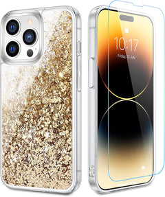 Caka Case for Iphone 15 Pro Max, Iphone 15 Pro Max Phone Case with Screen Protector & Camera Protector Glitter Bling Sparkle for Women Girls Liquid Floating for 15 Pro Max Case - Gold
