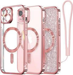 Meifigno Candy Mag Series Case Designed for Iphone 15 Pro, [Compatible with Magsafe] [Glitter Card & Wrist Strap] Full Camera Lens Protection Designed for Iphone 15 Pro Case Women Girls, Rose Gold