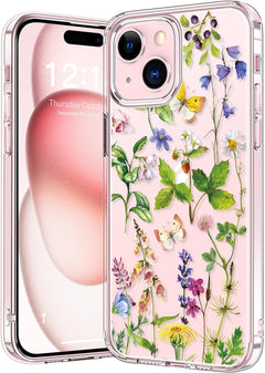 Bicol Compatible with Iphone 15 Case,Crystal Clear Cover with Fashionable Designs for Girls Women,Slim Fit Shockproof Protective Acrylic Phone Case 6.1 Inch,Blooming Cherry