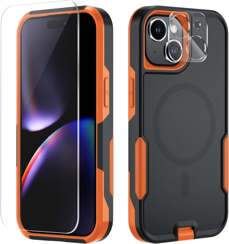 Xmon for Iphone 15 Magnetic Case [Mil-Grade Drop Tested & with Magsafe] Tempered Glass Screen Protector with Camera Lens Phone Case Cover for Apple Iphone 15 6.1 Inch 2023 (Black/Orange)