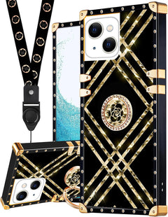 Loheckle for Iphone 15 Case for Women Girls Teens Designer Square Fashion Cute Cases with Ring Stand Holder and Lanyard Stylish Aesthetics Bee Luxury Cover for Iphone15