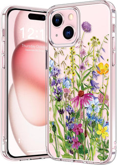 Bicol Compatible with Iphone 15 Case,Crystal Clear Cover with Fashionable Designs for Girls Women,Slim Fit Shockproof Protective Acrylic Phone Case 6.1 Inch,Purple Flowers
