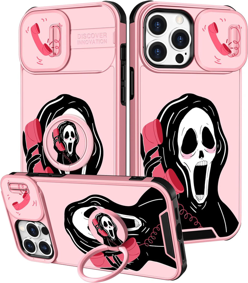 Oqpa for Iphone 15 Pro Max Case Cute Cartoon Cover for 15 Pro Max with Camera Cover+Ring Holder for Women Girly Girls Women Kids Kawaii Funny Cute Case for Iphone 15 Pro Max Phone, PK Skull