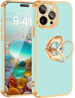 Fingic for Iphone 15 Pro Max Case[With 360°Rotatable Ring Holder Stand][Support Magnetic Car Mount][Shiny Plating Gold]Soft TPU Shockproof Protective Case for Iphone 15 Pro Max for Women Men Boy,White