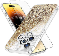 Caka Case for Iphone 15 Pro Max, Iphone 15 Pro Max Phone Case with Screen Protector & Camera Protector Glitter Bling Sparkle for Women Girls Liquid Floating for 15 Pro Max Case - Gold