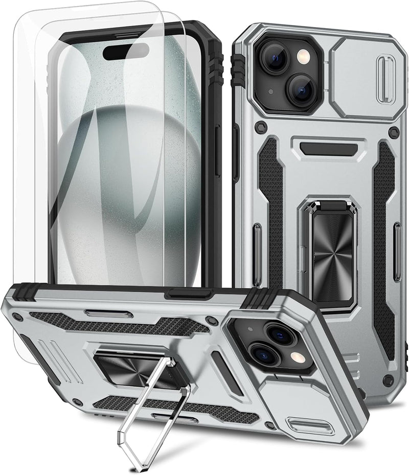 Maxdara Case for Iphone 15, with Built-In Rotating Ring Kickstand & Slide Camera Cover & Front Glass Screen Protector Shockproof Phone Case for Iphone 15 6.1 Inch 2023, Grey